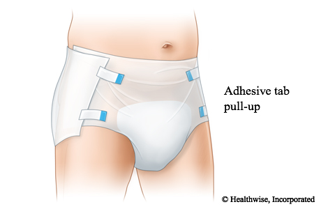 Pull-up adult underwear with adhesive tabs on each side